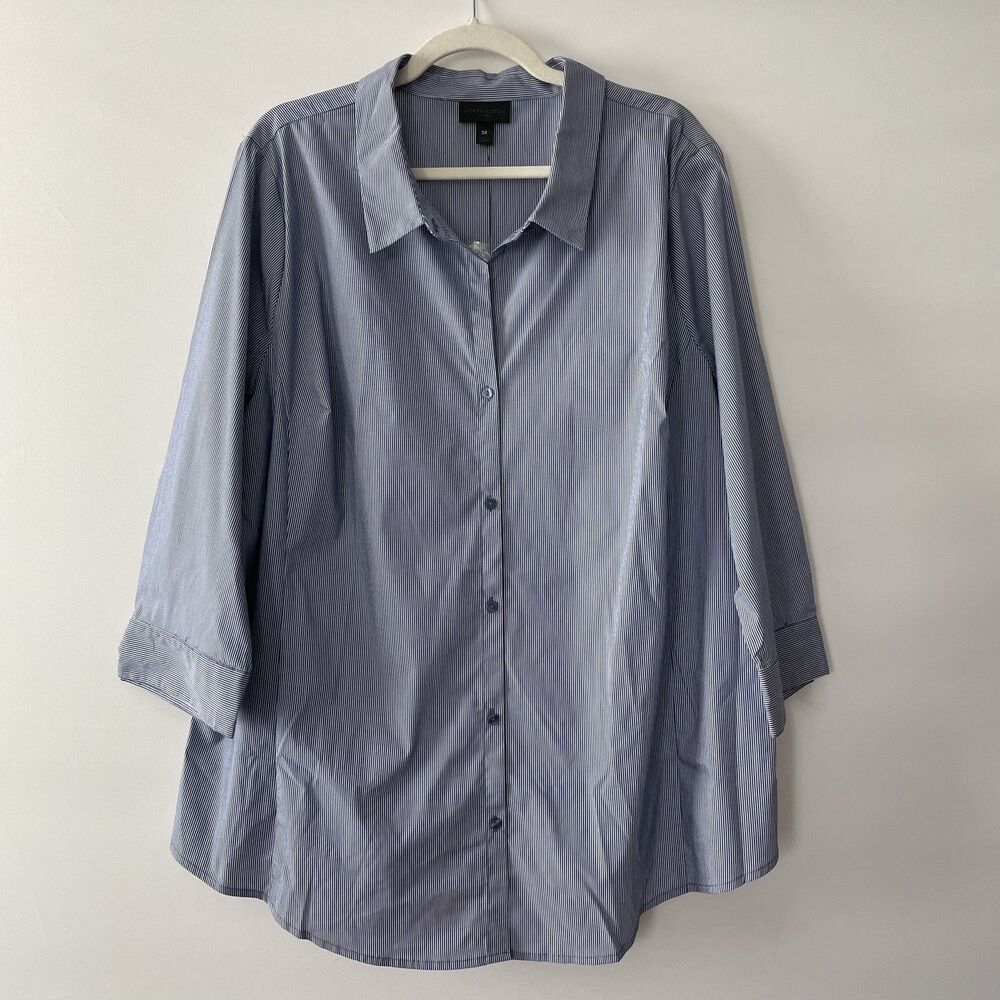 NWT Worthington Button Front Collared Striped Blouse Blue White Size 3X